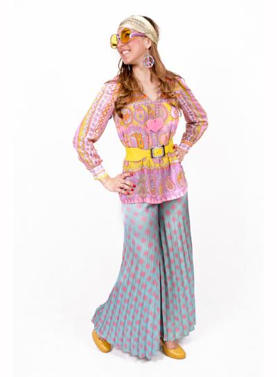 Colorful 1960s hippie costume with accessories