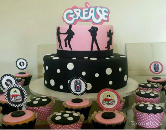 birthday candy table with the name Grease, polka dots and dancing people