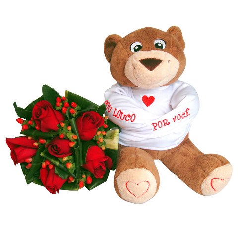 bouquet of flowers and a teddy bear in a straitjacket written: I'm crazy about you