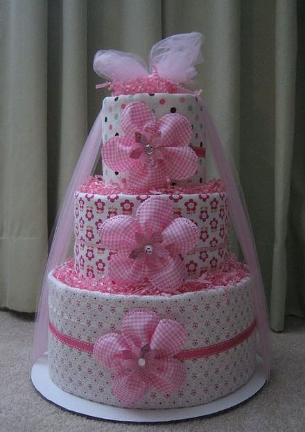 pink female fake cake with flowers and polka dots print, also has pink flowers