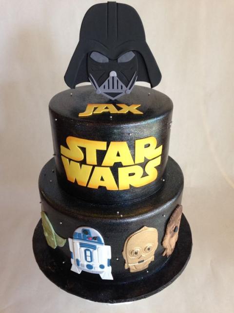 male fake cake with drawings from the Star Wars movie