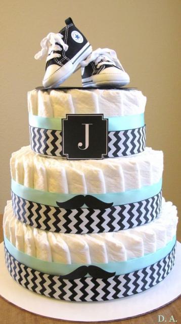 men's fake cake with blue ribbons and stripes print, has a pair of All Star sneakers on top