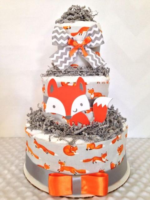 Unisex fake cake with little fox designs and gray bow
