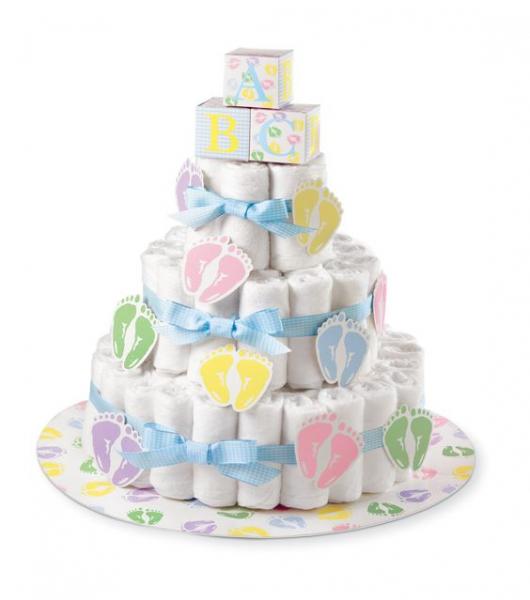 Unisex fake cake with blue bow and colorful feet designs
