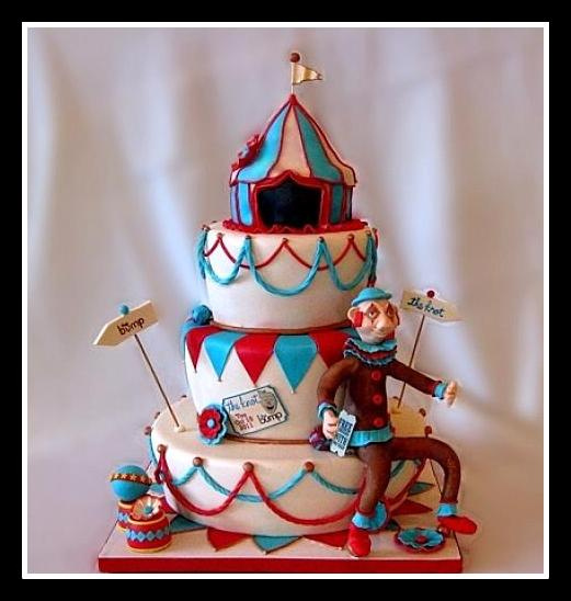 circus themed fake cake with old style clown