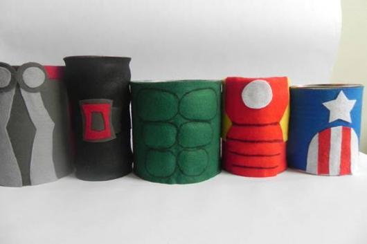Cans coated with materials that mimic the bodies of the Avengers.