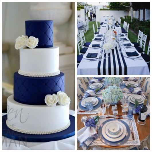 Set up with cake and tables decorated in blue and white