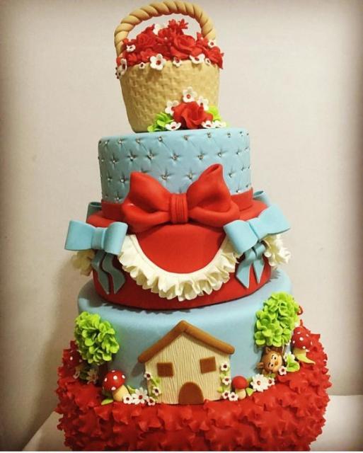 Three-tiered red hat cake with food basket on top