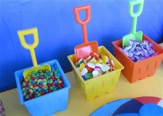 Buckets and shovels for serving candies and sweets.