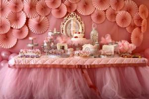 Pink decor with table with tulle skirt 