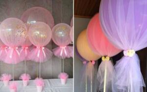 Centerpiece made with balloons and tulle in different colors