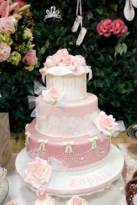 Ballet-themed cake in pink with three floors