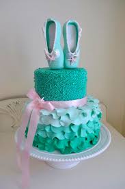 cake with ballet shoes on top, in aqua green color