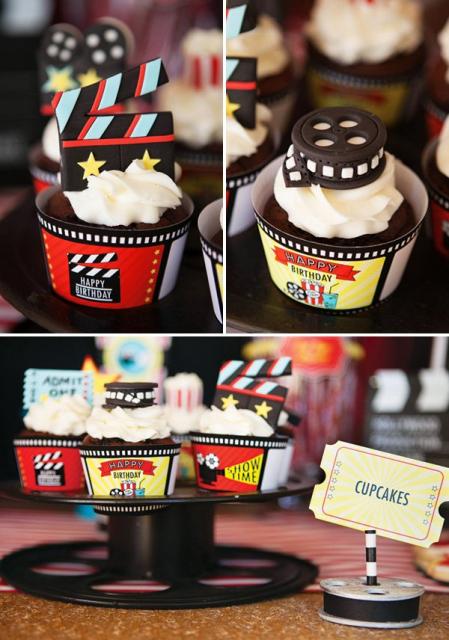 Cupcakes decorated with movie and Hollywood motifs
