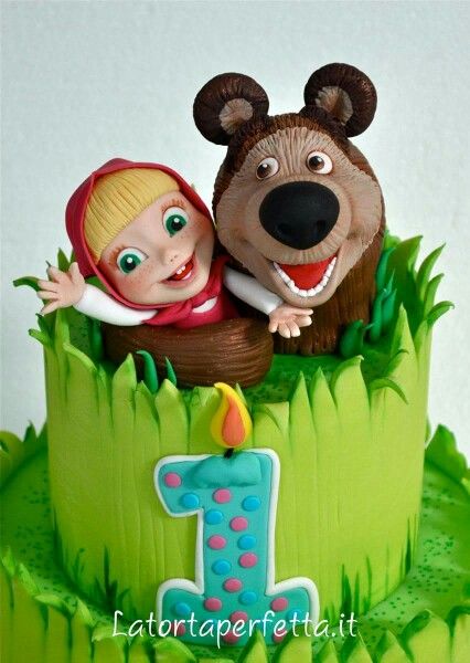 One-floor cake with Masha and the Bear hugging each other on top.
