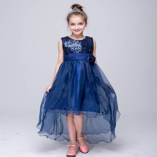 Blue children's prom dress with flower at the waist