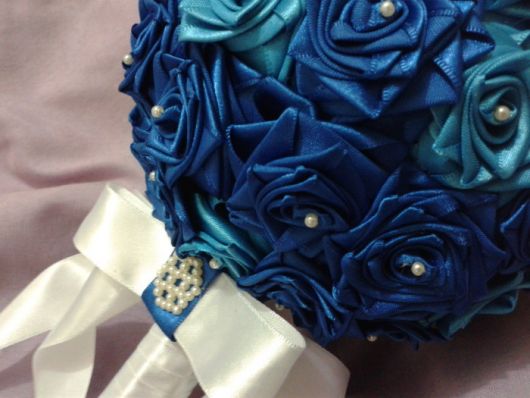 satin bouquet with blue pearls