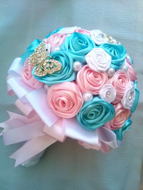 satin bouquet with stones and pearls