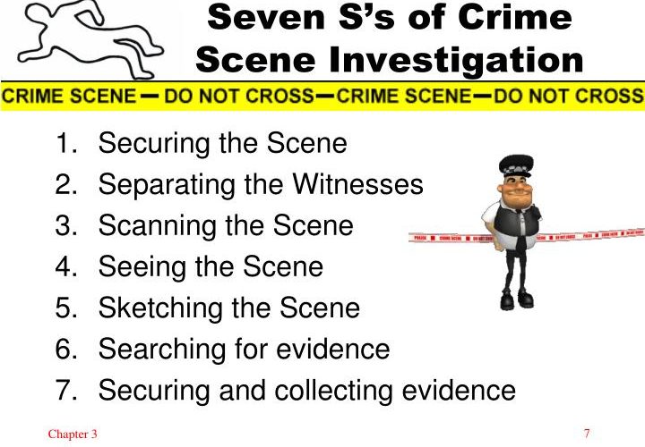 What are the 7 S's of a crime scene?